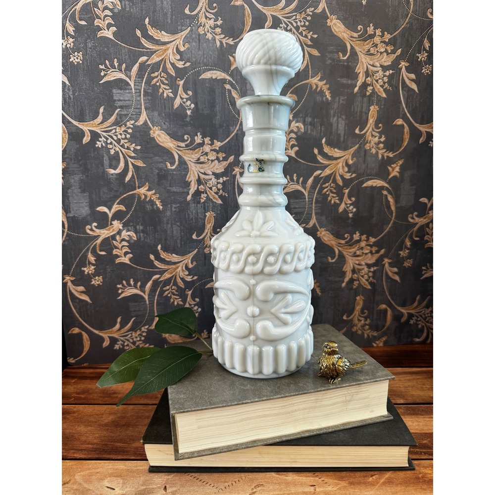 Vintage White Milk Glass Decanter Bottle w/Stopper Embossed Glass, French Style